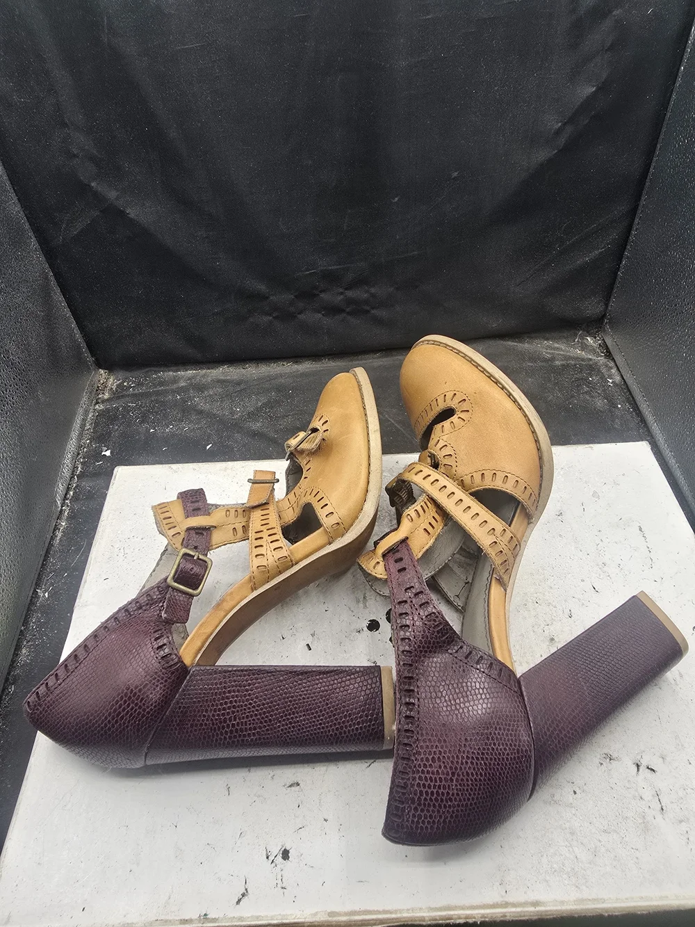 Hinge Women Two-Tone Mary Jane Heel in Mustard and Burgundy